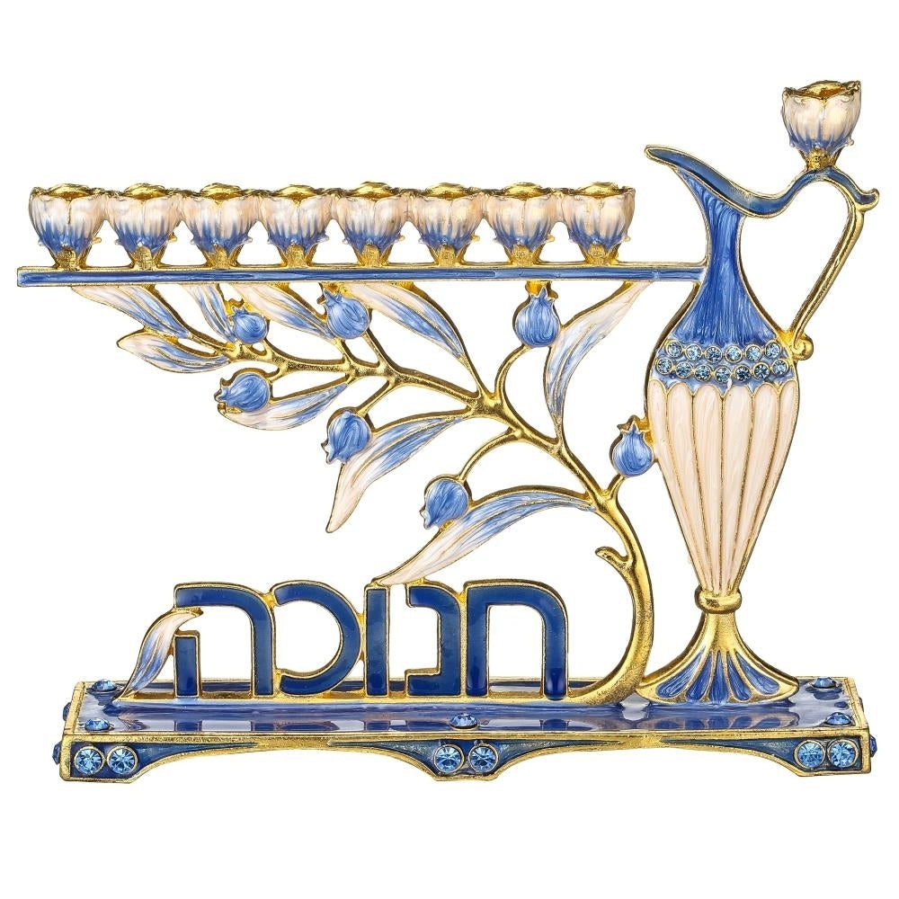 Hand Painted Blue Enamel Menorah Candelabra with Hebrew "Hanukkah" Design and Embellished with Gold Accents Image 2