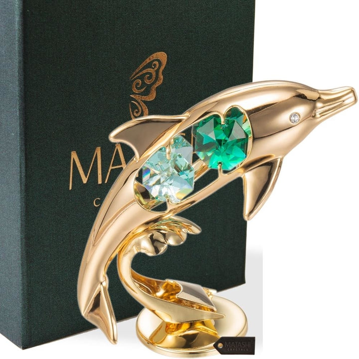 24K Gold Plated Crystal Studded Dolphin Riding Wave Figurine Ornament by Matashi Image 1