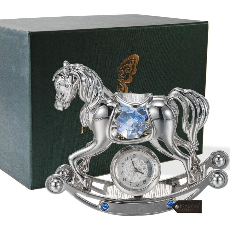 Chrome Plated Crystal Studded Silver Rocking Horse Desk Clock Ornament by Matashi Image 1