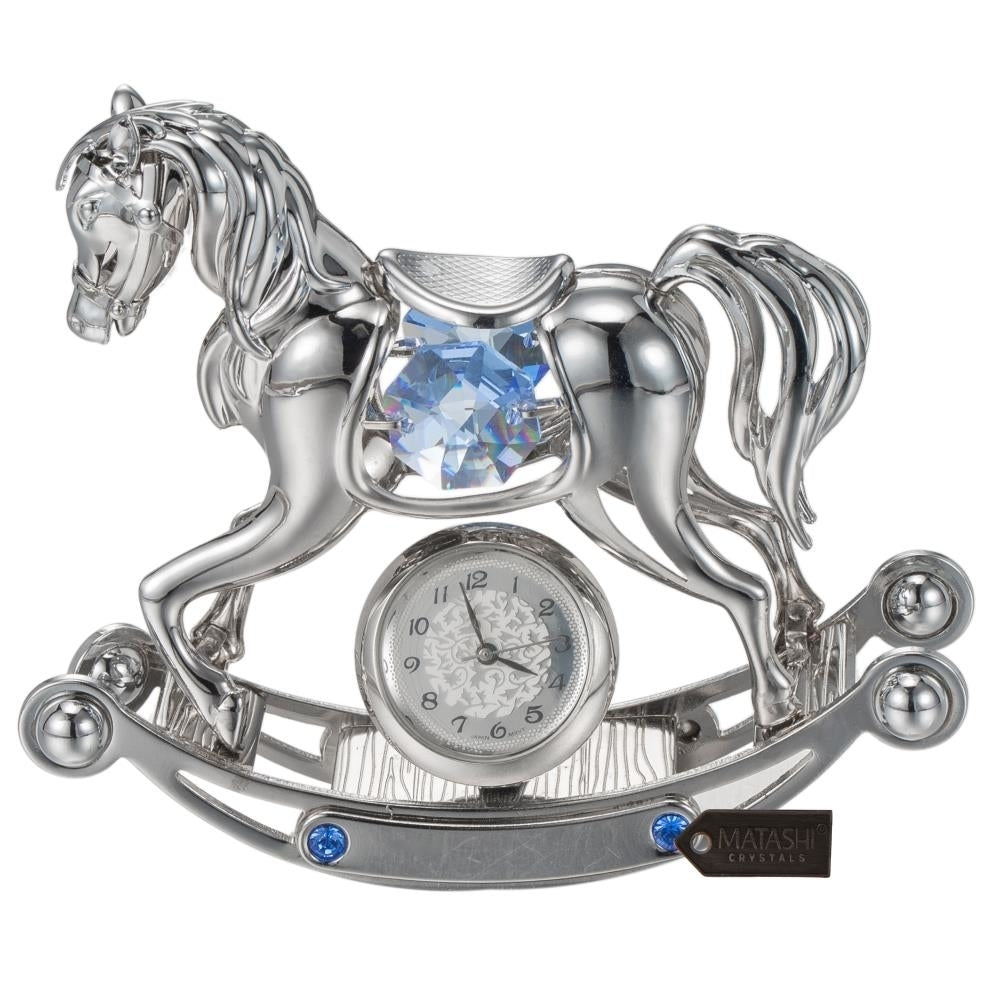 Chrome Plated Crystal Studded Silver Rocking Horse Desk Clock Ornament by Matashi Image 2