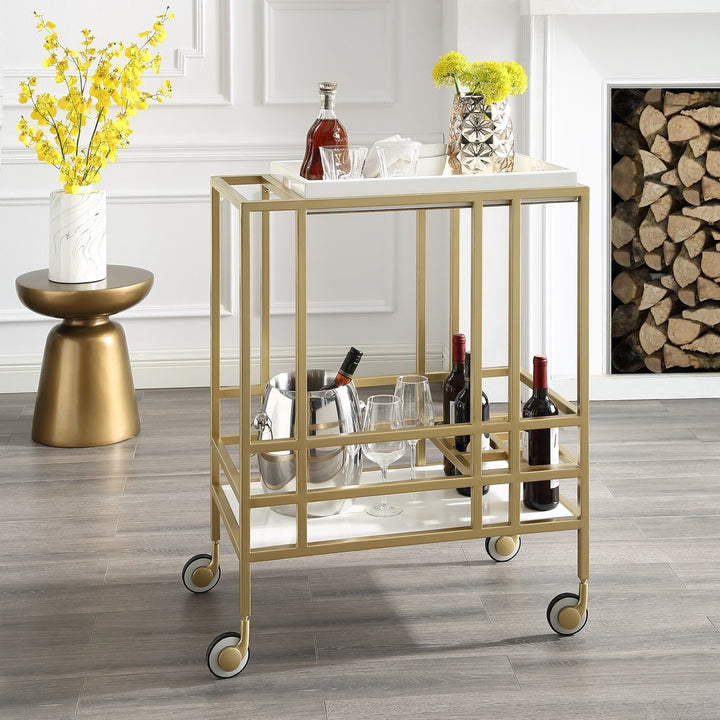 Kelsey Bar Cart with Removable Tray Wine Storage Casters Modern Black or Gold Image 2