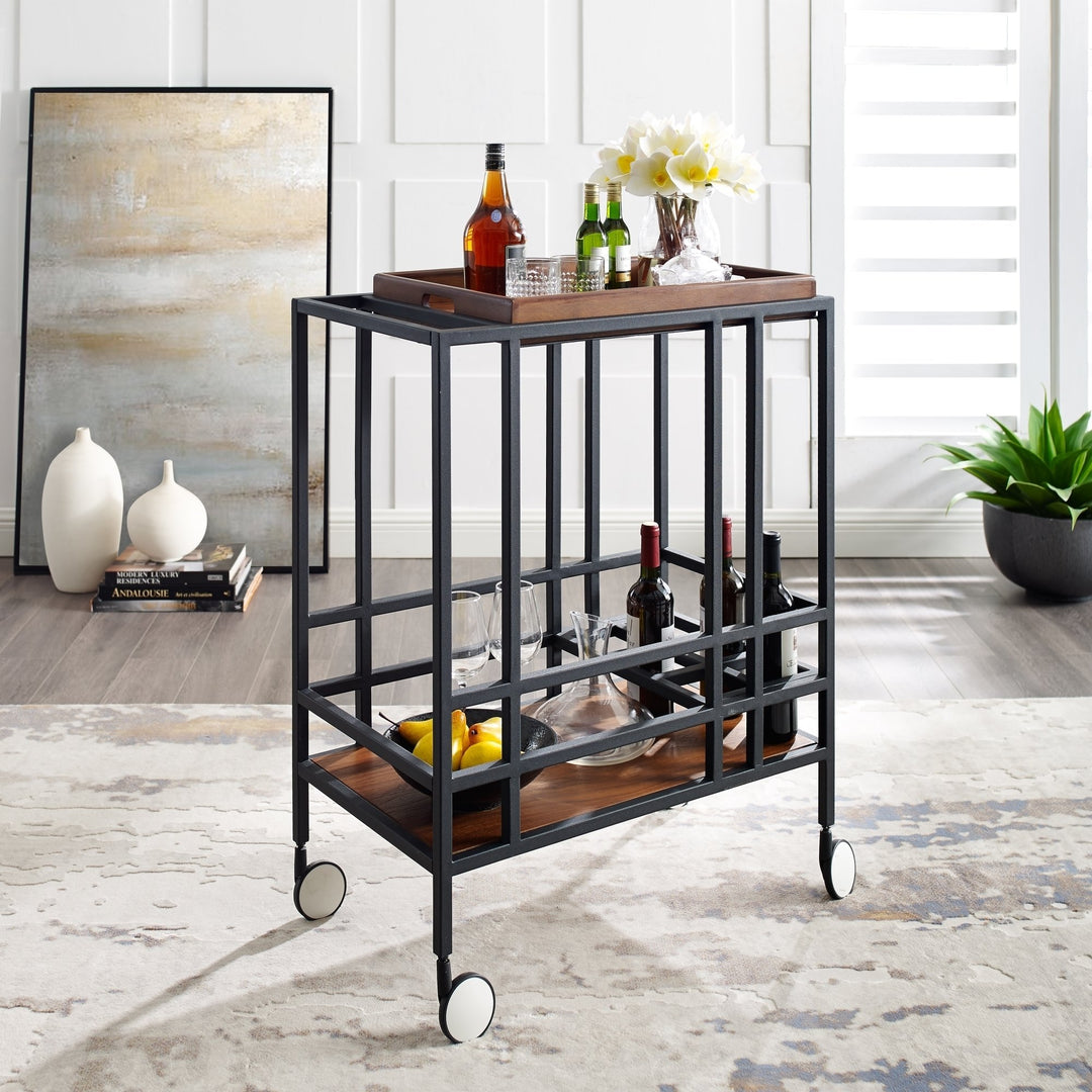 Kelsey Bar Cart with Removable Tray Wine Storage Casters Modern Black or Gold Image 4