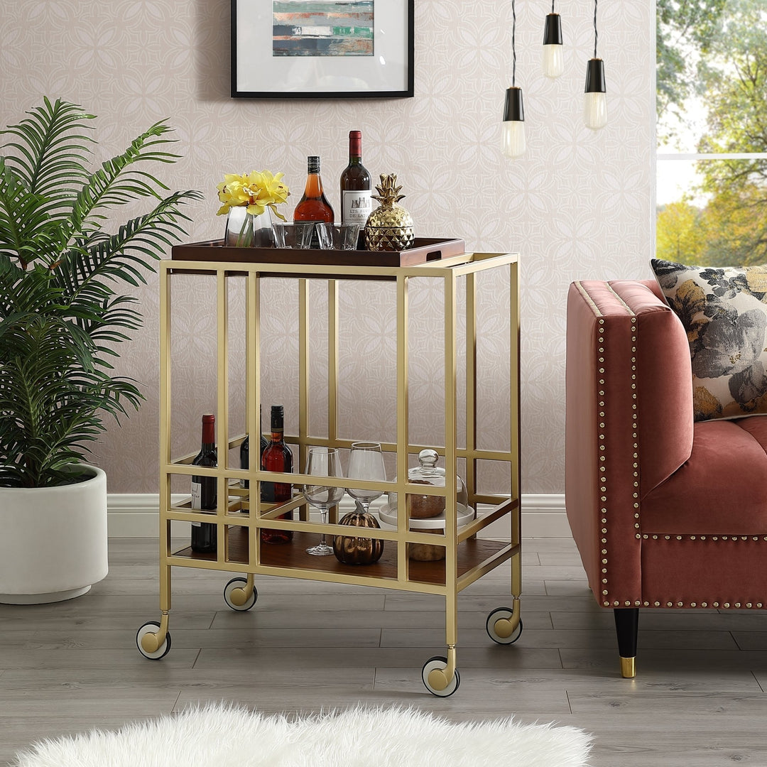 Kelsey Bar Cart with Removable Tray Wine Storage Casters Modern Black or Gold Image 1