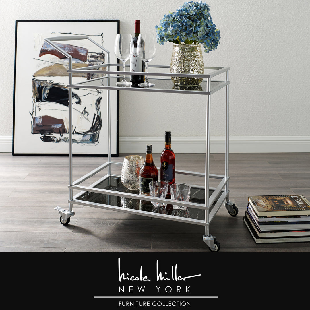 Amaya Serving Bar Cart-2 Storage Shelves-Casters- 2 Locking-Modern Matte Frame-By Nicole Miller Image 2