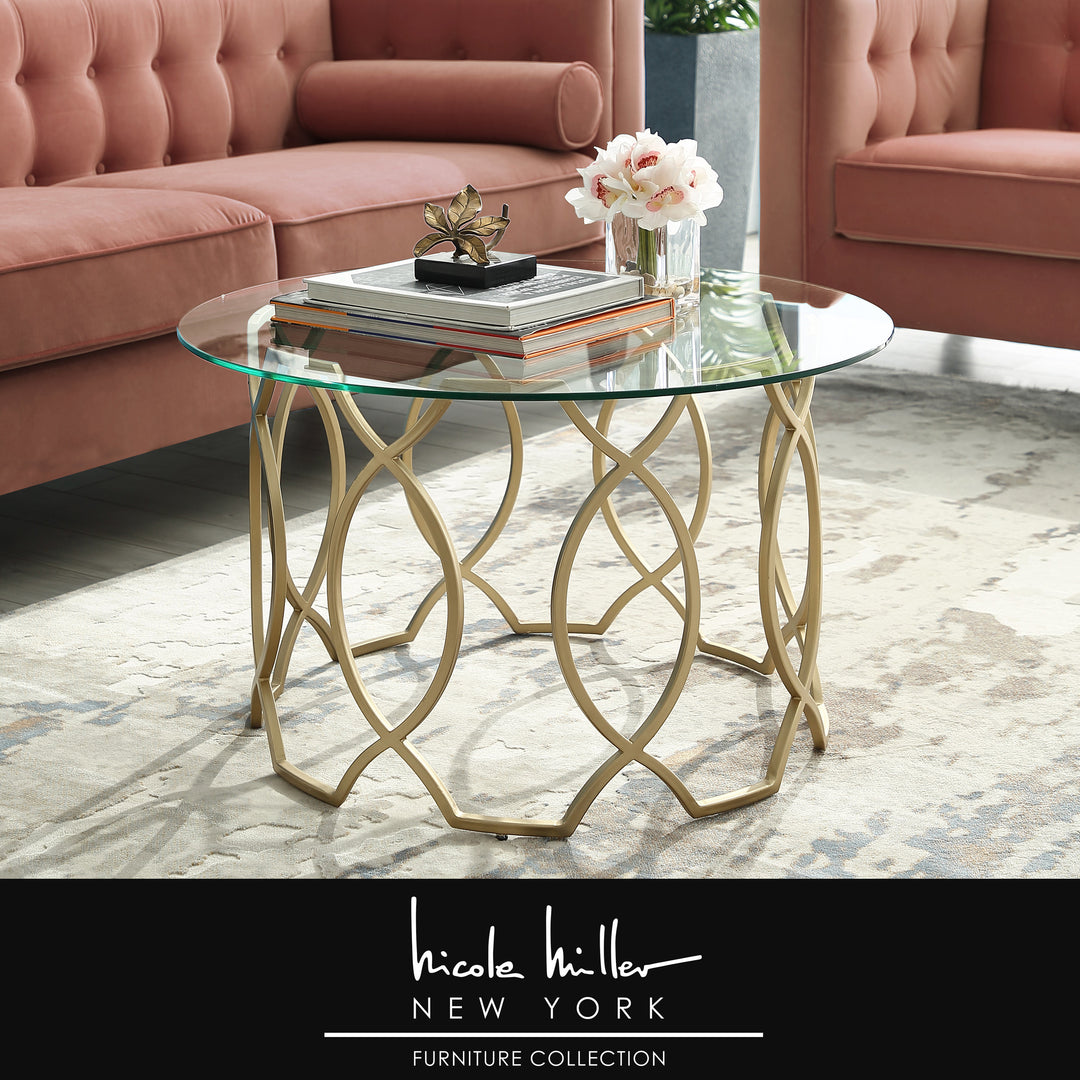 Nicole Miller Round Coffee Table Glass Top Metal Frame 32in Modern Gold/Silver Image 1