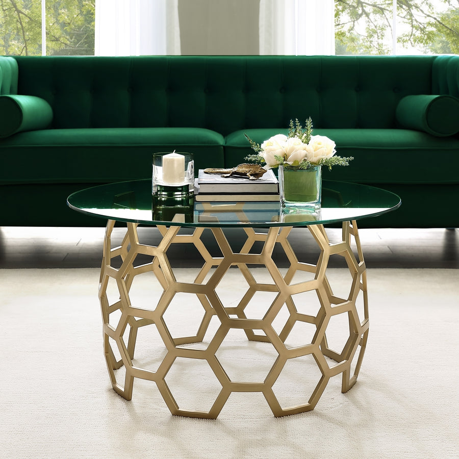 Minae Round Geometric Coffee Table-Durable Clear-Glass Top-Hexagon Metal Frame-By Inspired Home Image 1