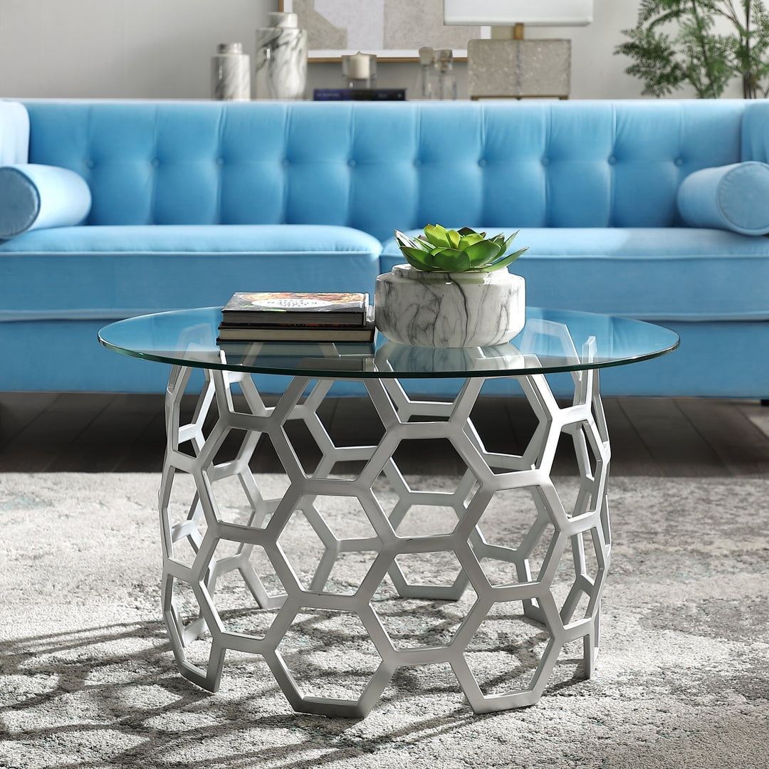 Minae Round Geometric Coffee Table-Durable Clear-Glass Top-Hexagon Metal Frame-By Inspired Home Image 2