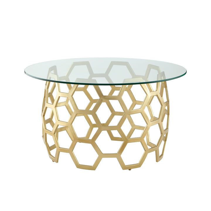 Minae Round Geometric Coffee Table-Durable Clear-Glass Top-Hexagon Metal Frame-By Inspired Home Image 5