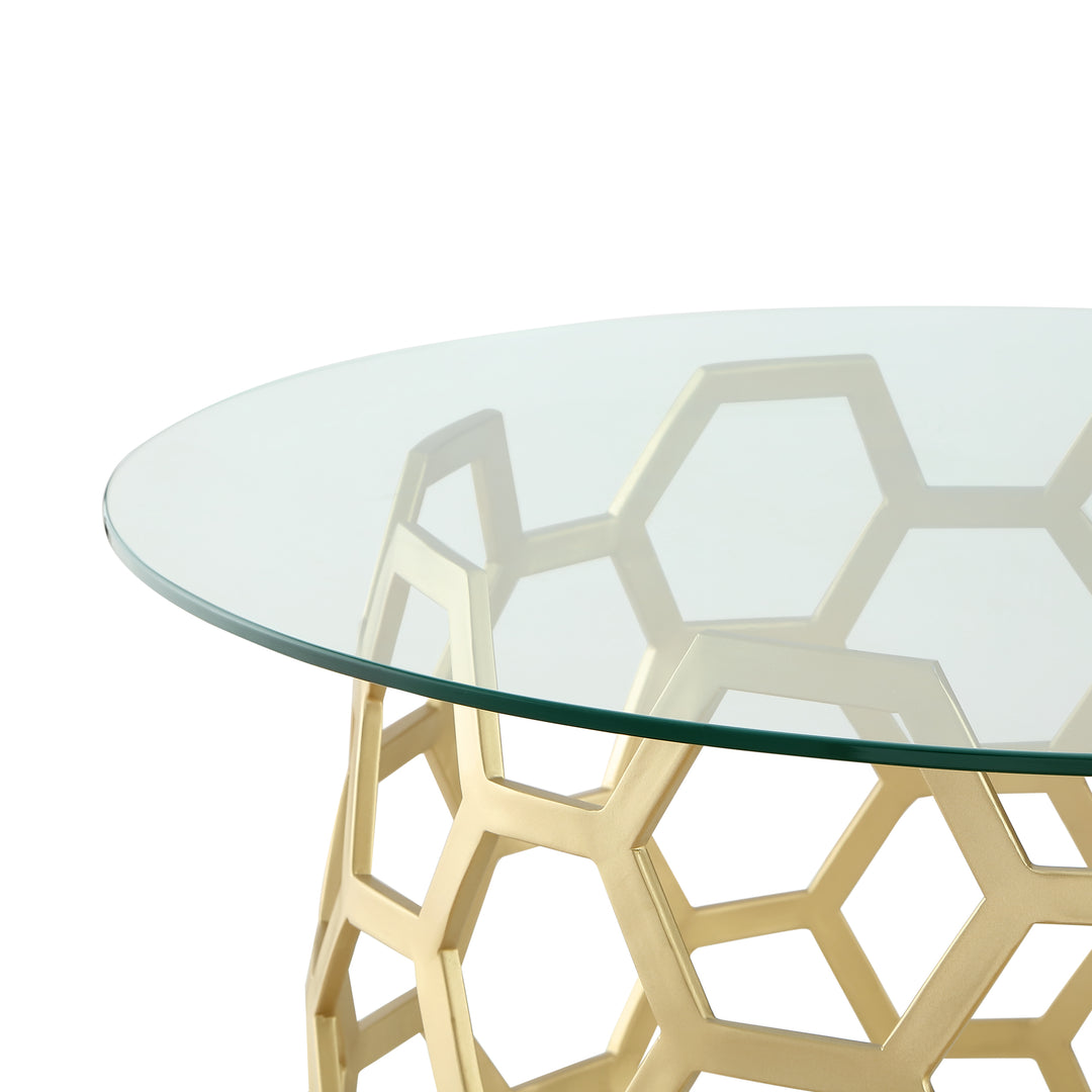 Minae Round Geometric Coffee Table-Durable Clear-Glass Top-Hexagon Metal Frame-By Inspired Home Image 6