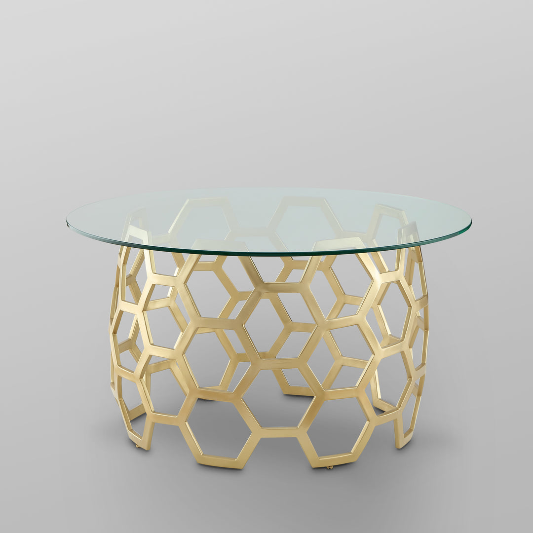 Minae Round Geometric Coffee Table-Durable Clear-Glass Top-Hexagon Metal Frame-By Inspired Home Image 8