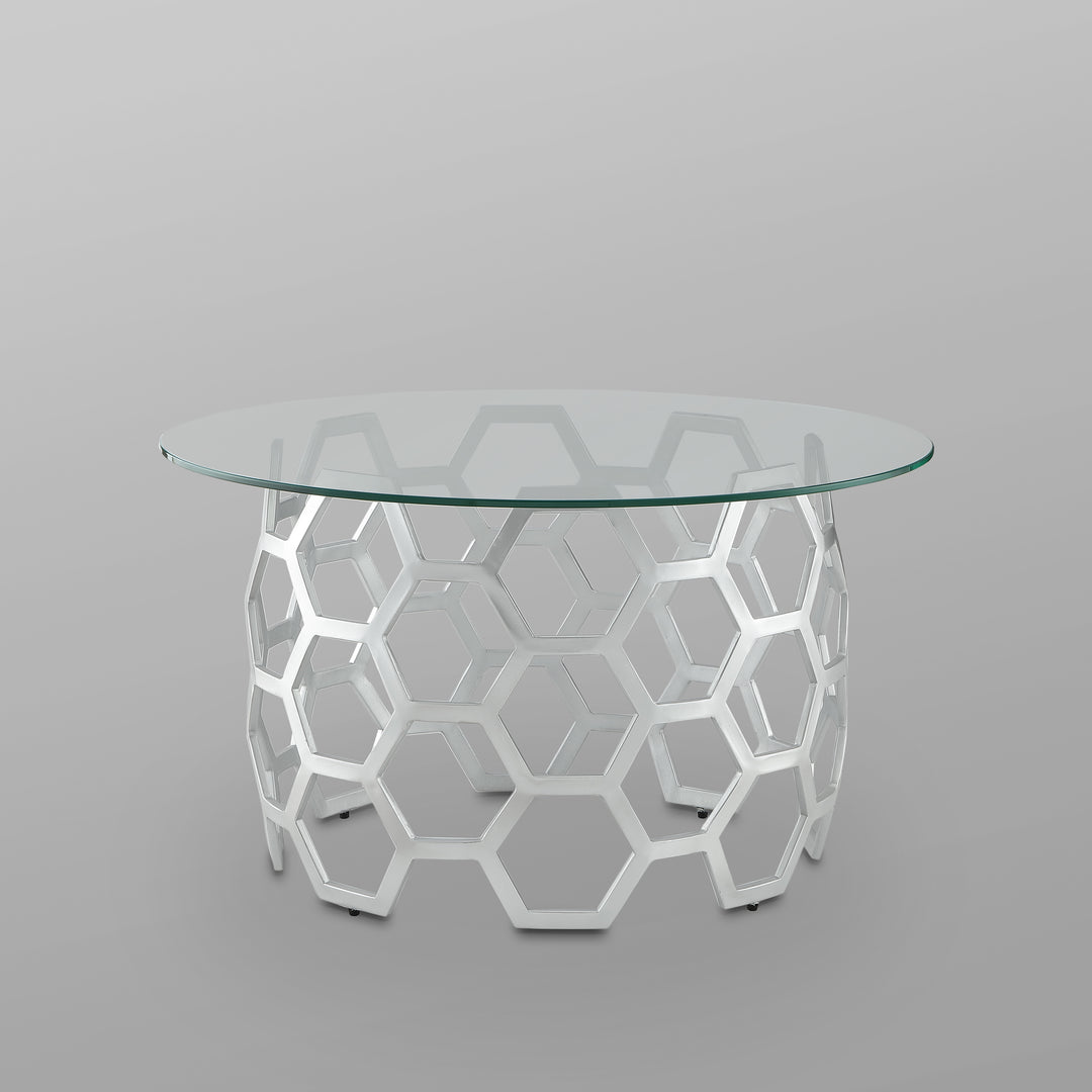 Minae Round Geometric Coffee Table-Durable Clear-Glass Top-Hexagon Metal Frame-By Inspired Home Image 11