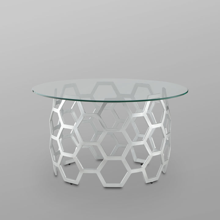 Minae Round Geometric Coffee Table-Durable Clear-Glass Top-Hexagon Metal Frame-By Inspired Home Image 11