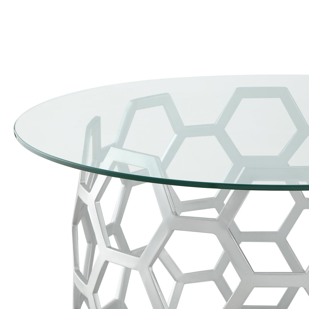 Minae Round Geometric Coffee Table-Durable Clear-Glass Top-Hexagon Metal Frame-By Inspired Home Image 10