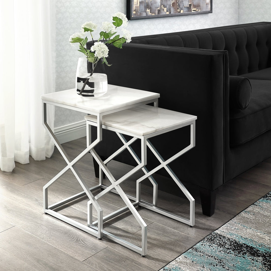 Patricia End or Coffee Table-Square Natural Marble-Metal X-cross Legs-Stackable Set of 2-Inspired Home Image 3