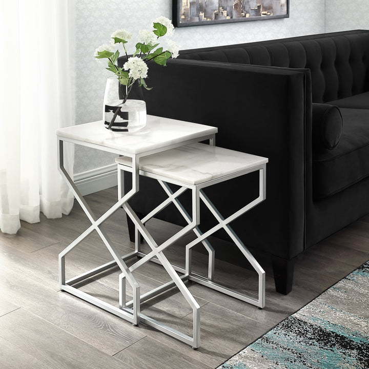 Patricia End or Coffee Table-Square Natural Marble-Metal X-cross Legs-Stackable Set of 2-Inspired Home Image 1