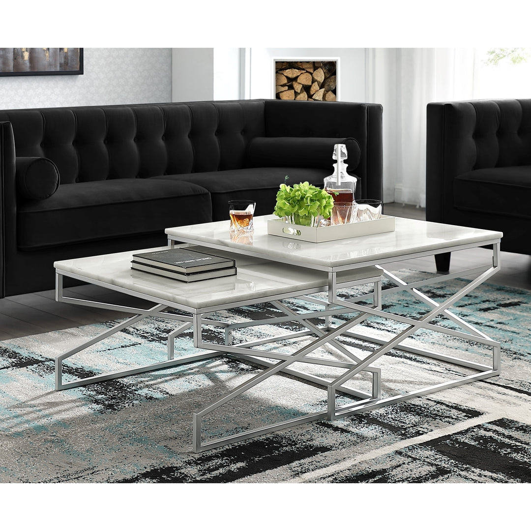 Patricia End or Coffee Table-Square Natural Marble-Metal X-cross Legs-Stackable Set of 2-Inspired Home Image 4