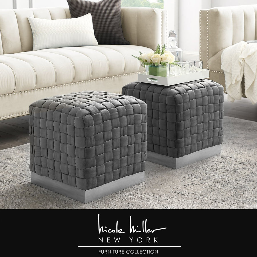 Griffin Velvet Woven Cube Ottoman-Luxurious Upholstery- Stainless Steel Base-1 PC-By Nicole Miller Image 1
