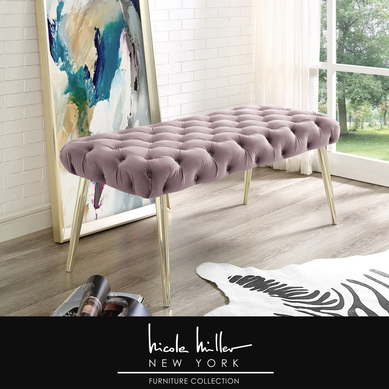 Jilynn Velvet Button Tufted Bench Sturdy Metal Glossy Tapered Legs Elegant Design By Nicole Miller