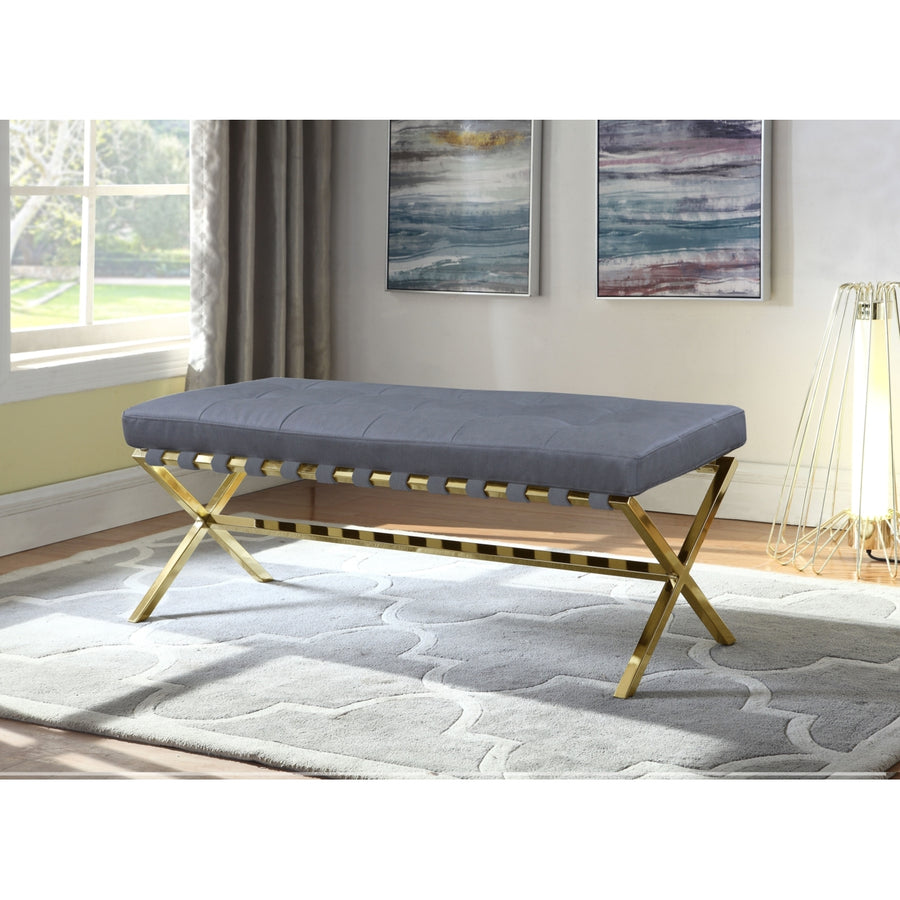 Mera PU Leather Modern Contemporary Tufted Seating Goldtone Metal Leg Bench Image 1