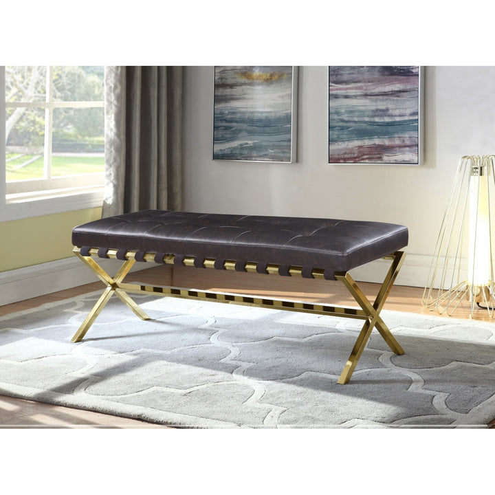 Mera PU Leather Modern Contemporary Tufted Seating Goldtone Metal Leg Bench Image 5