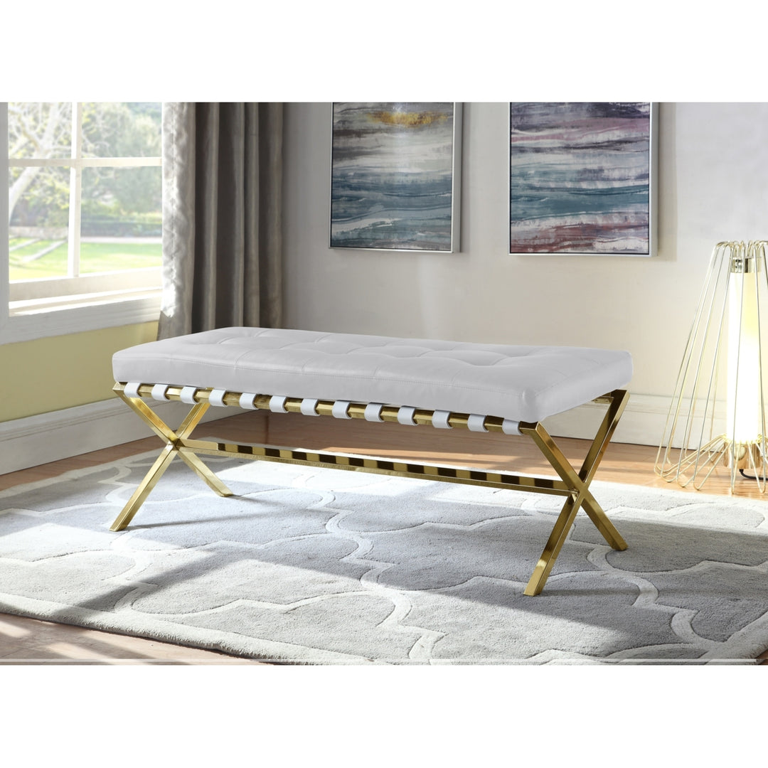 Mera PU Leather Modern Contemporary Tufted Seating Goldtone Metal Leg Bench Image 2