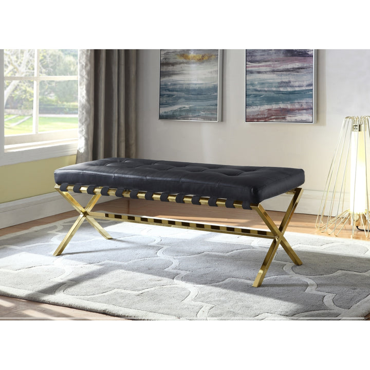 Mera PU Leather Modern Contemporary Tufted Seating Goldtone Metal Leg Bench Image 3