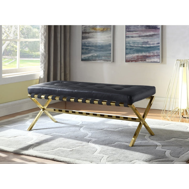 Mera PU Leather Modern Contemporary Tufted Seating Goldtone Metal Leg Bench Image 1