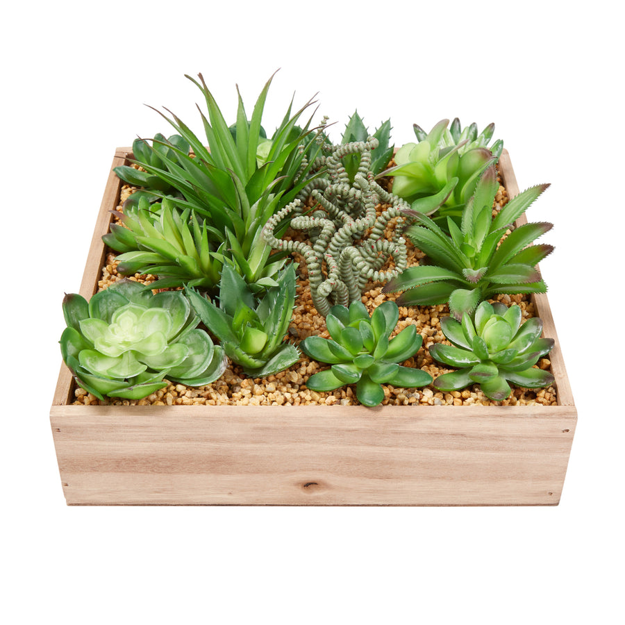 Faux Succulents Assorted Lifelike Plastic Greenery Arrangement with 10 Inch Decorative Wooden Box Image 1