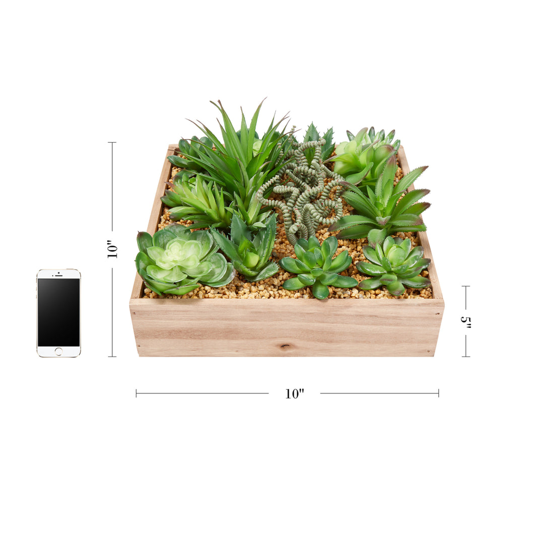 Faux Succulents Assorted Lifelike Plastic Greenery Arrangement with 10 Inch Decorative Wooden Box Image 2