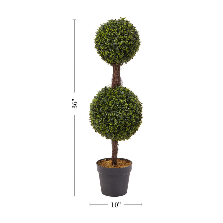 Artificial Podocarpus-36 Inch Double Ball Style Faux Plant in Sturdy Pot-Realistic Indoor or Outdoor Potted Shrub Image 2