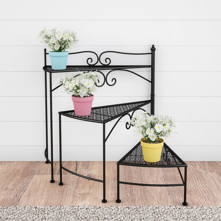 Black Plant Stand 3-Tier Indoor or Outdoor Folding Spiral Stairs Wrought Iron Metal Home and Garden Display Image 1
