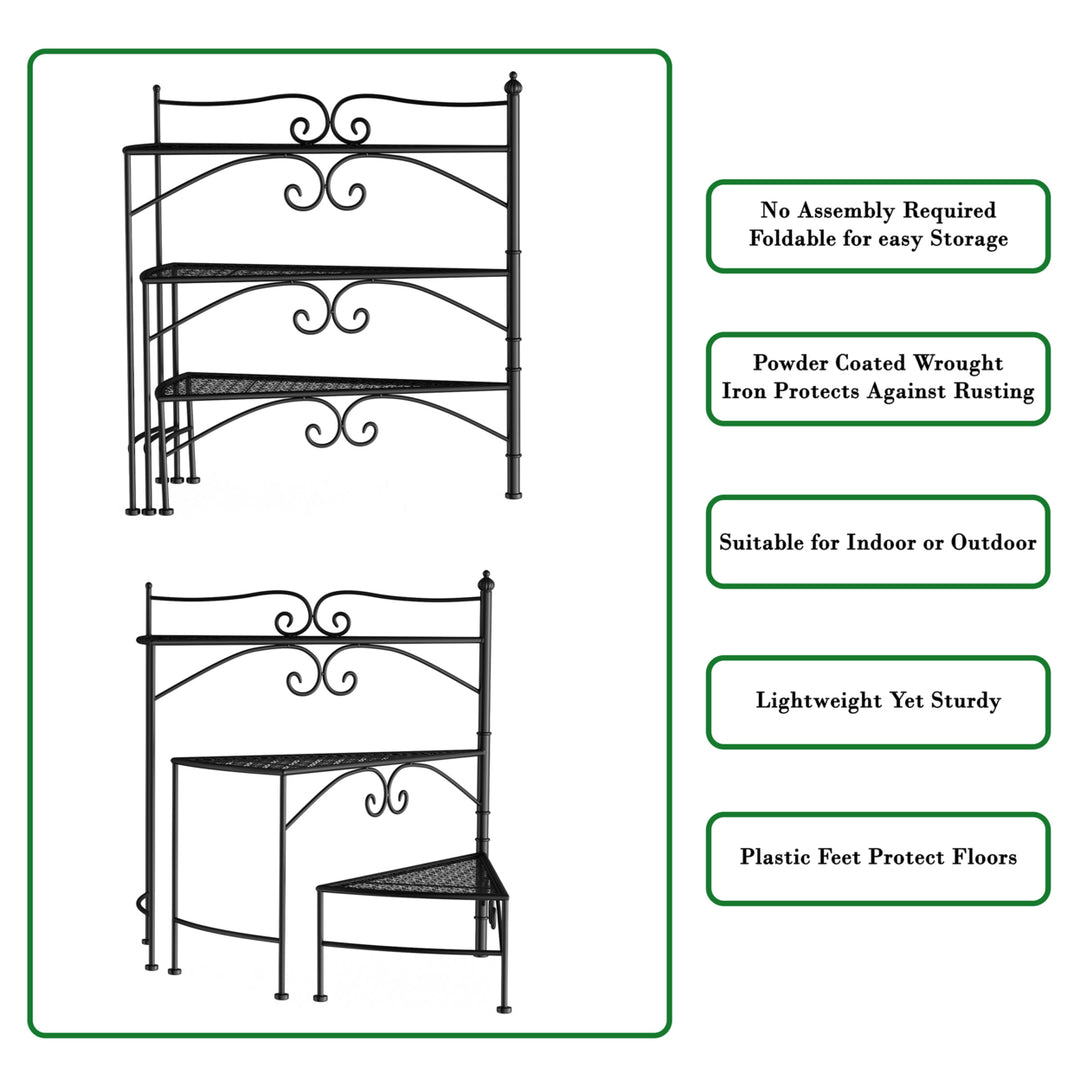 Black 3-Tier Folding Plant Stand Wrought Iron Metal Indoor Outdoor 24in H Image 3