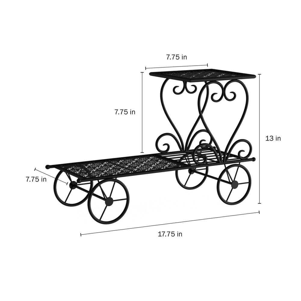 Black Plant Stand 2-Tiered Indoor or Outdoor Decorative Vintage Look Wrought Iron Garden Cart for Patio, Deck Image 2