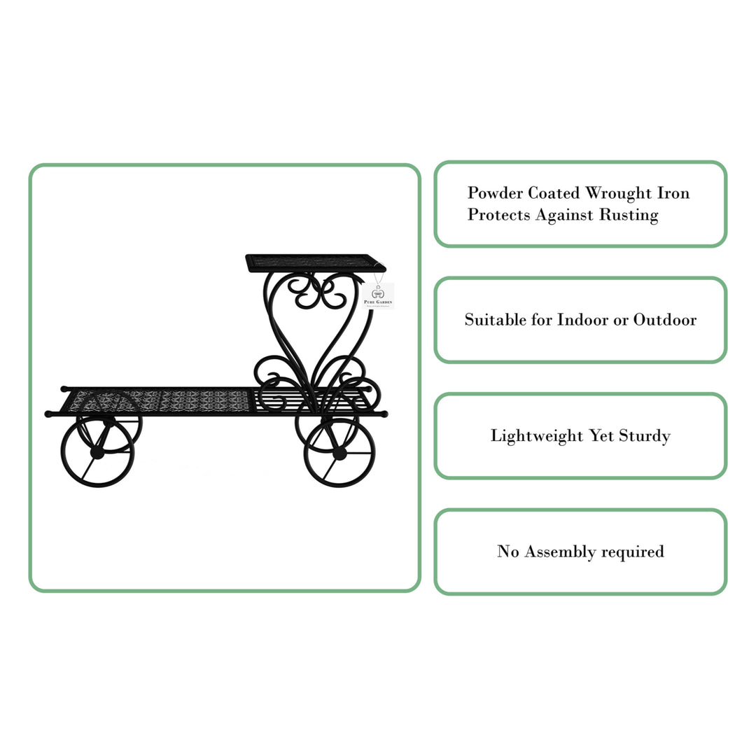 Black Plant Stand 2-Tiered Indoor or Outdoor Decorative Vintage Look Wrought Iron Garden Cart for Patio, Deck Image 3