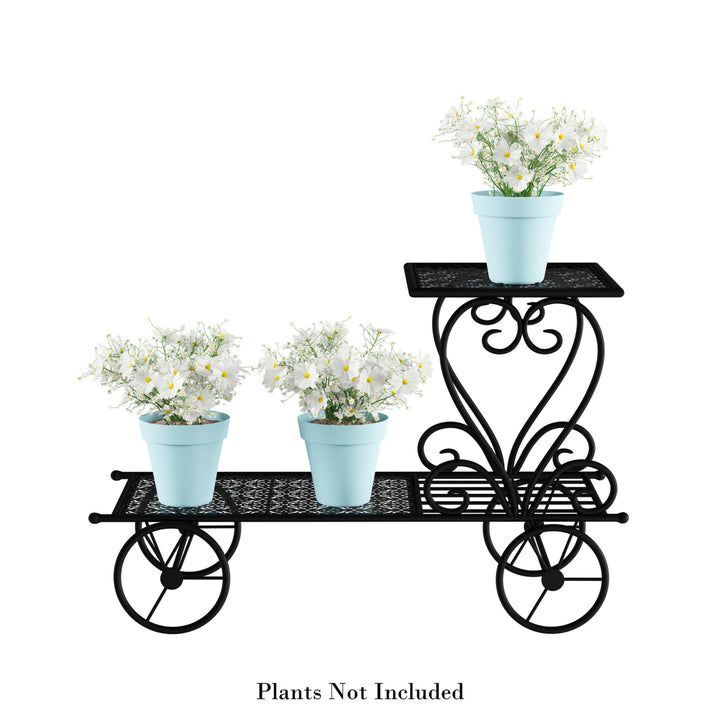 Black Plant Stand 2-Tiered Indoor or Outdoor Decorative Vintage Look Wrought Iron Garden Cart for Patio, Deck Image 7