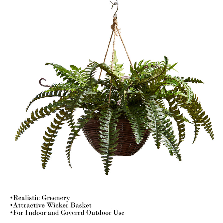 Faux Boston Fern  Hanging Natural and Lifelike Artificial Arrangement and Imitation Greenery with Basket Image 3