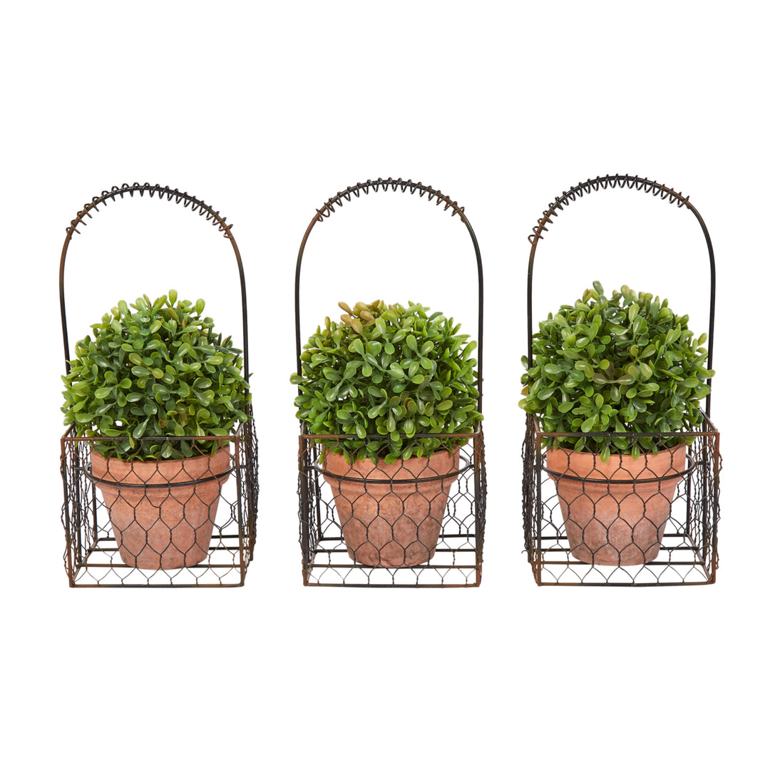 Faux Boxwood 3 Matching Realistic 9.5 Inch Tall Topiary Arrangements in Decorative Metal Baskets (Set of 3) Image 1