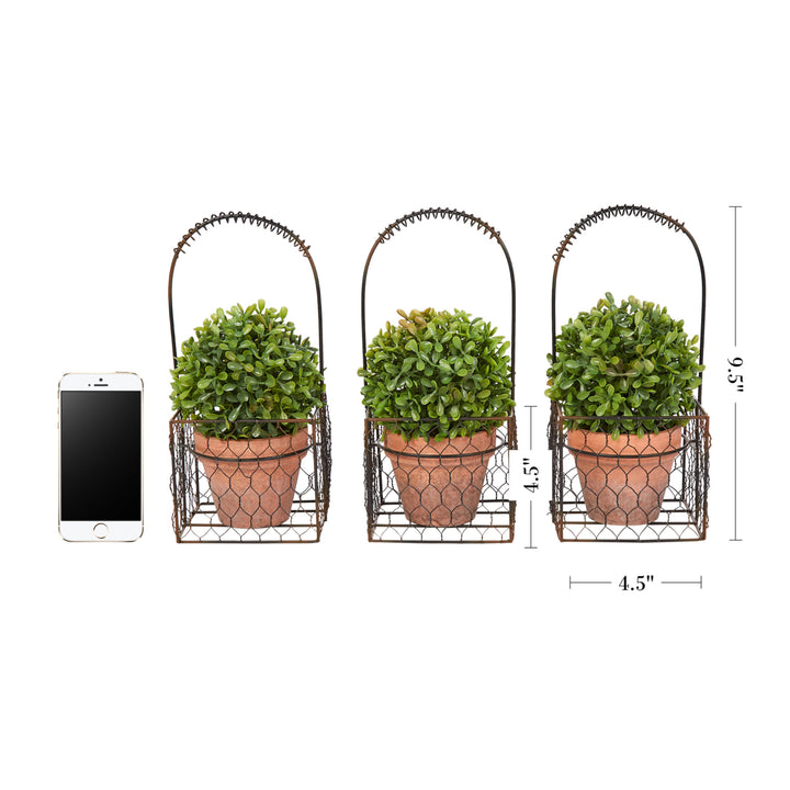 Faux Boxwood 3 Matching Realistic 9.5 Inch Tall Topiary Arrangements in Decorative Metal Baskets (Set of 3) Image 2
