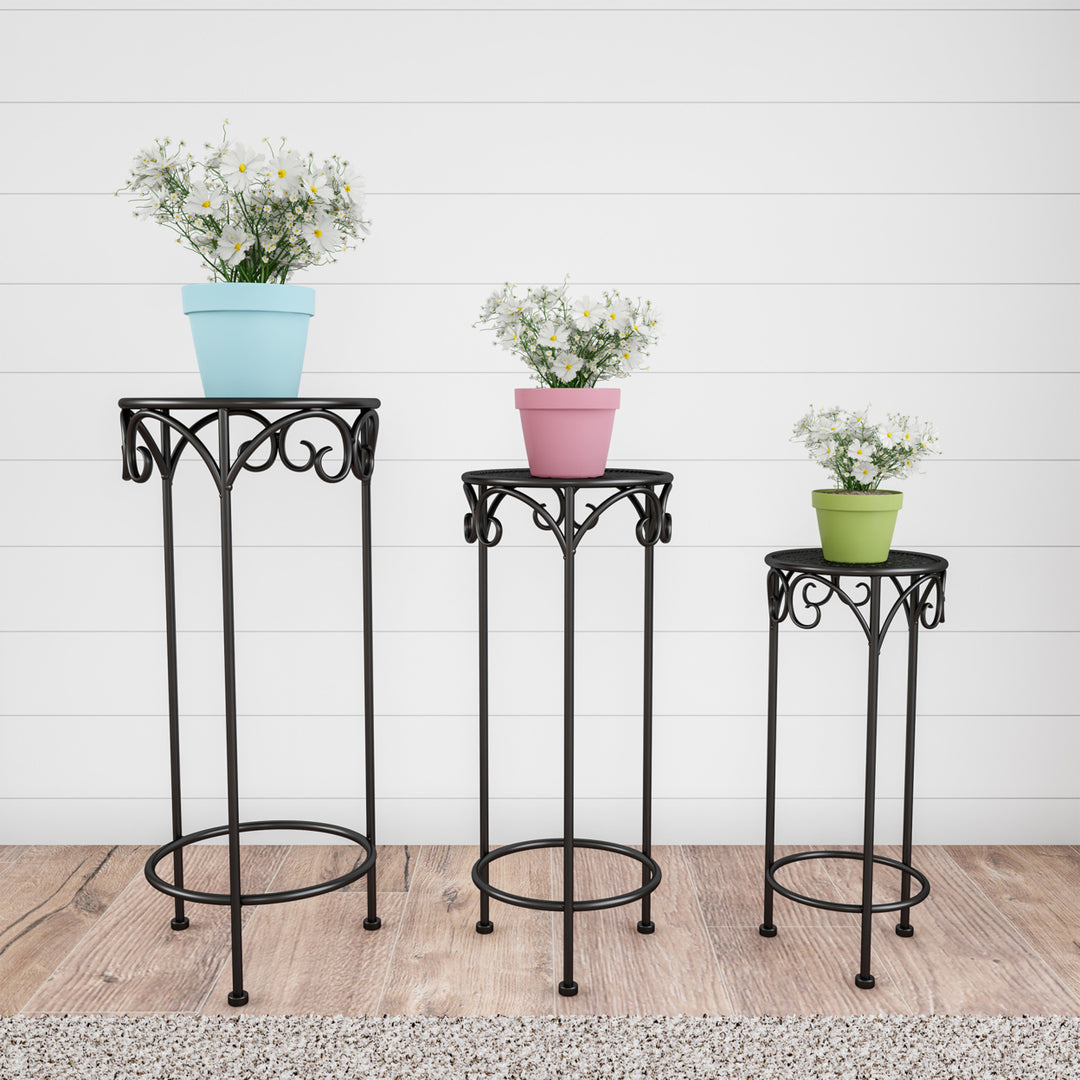 Plant Stands Set of 3 Indoor or Outdoor Nesting Wrought Iron Metal Round Decorative Potted Plant Accent Image 1