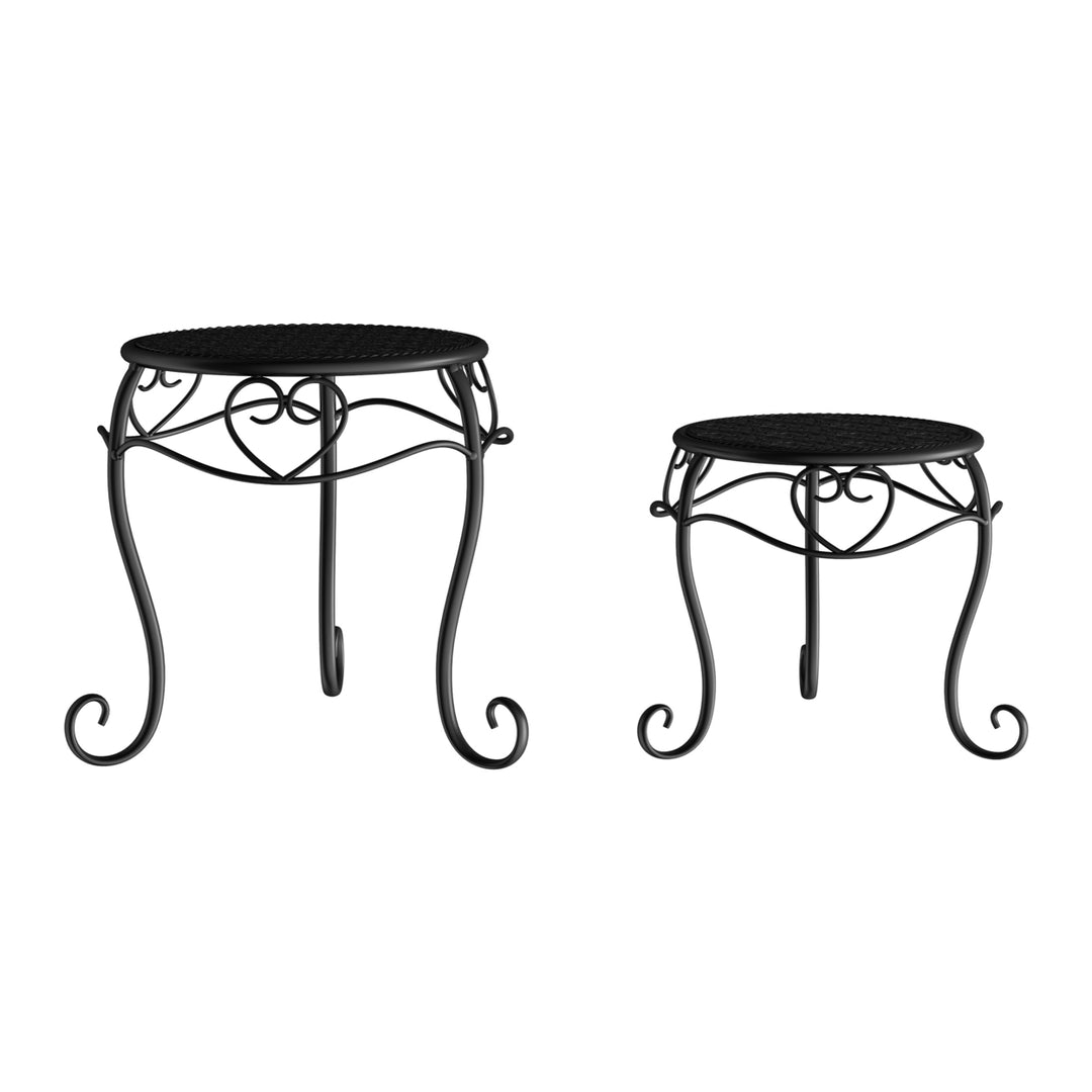 Plant Stands Set of 2 Black Indoor or Outdoor Nesting Wrought Iron Inspired Metal Round Decorative Potted Plant Display Image 4