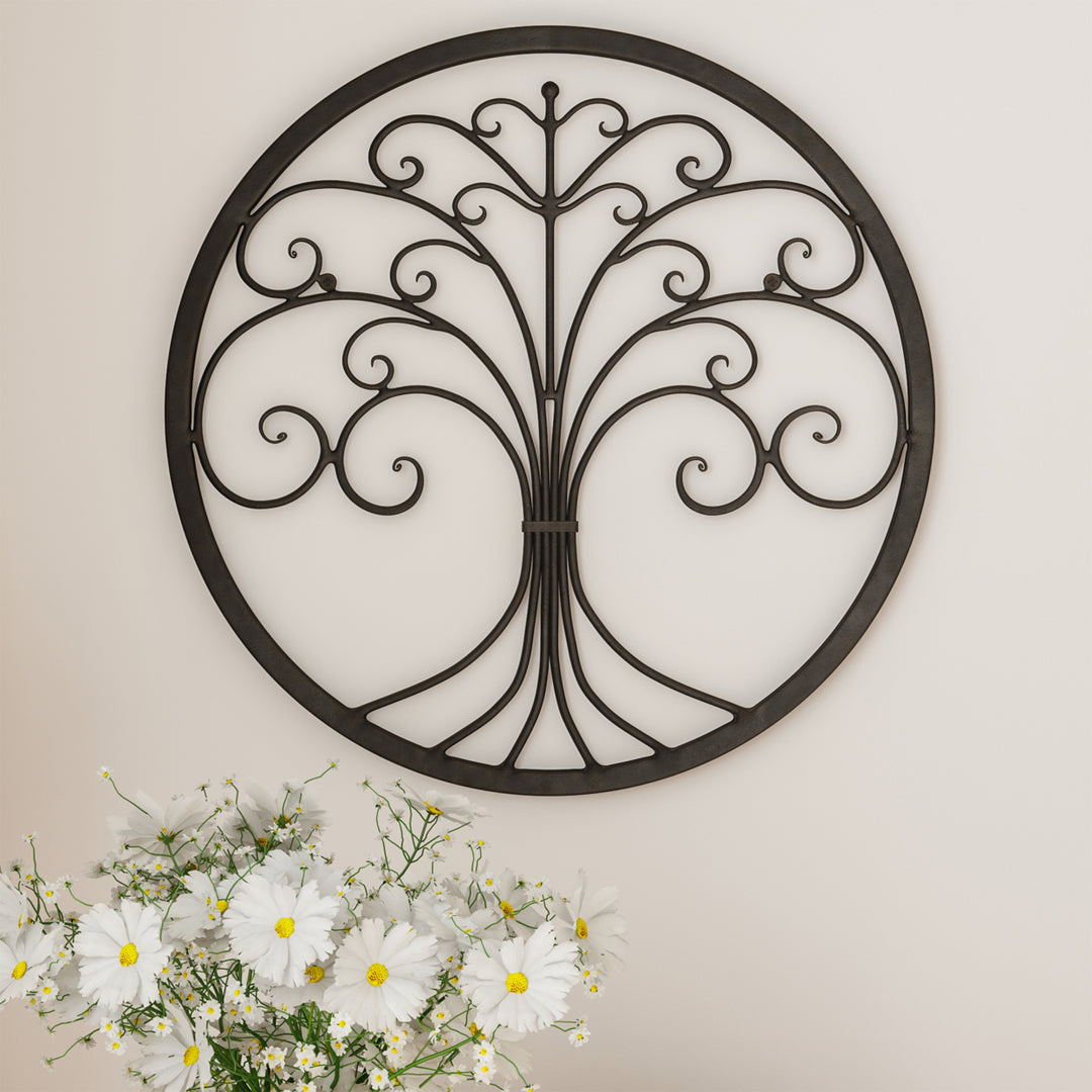 Iron Metal Tree of Life Modern Wall Sculpture Art Round Brown Image 1