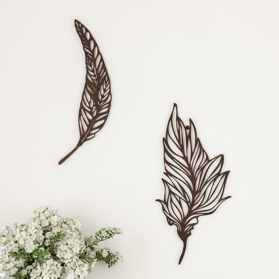 -Set of Two Metal Feather Hanging Wall Art Laser Cut Contemporary Nature Sculpture Image 1
