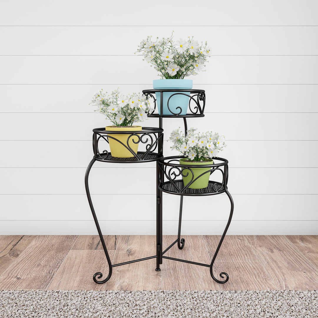 Plant Stand  3-Tier Indoor or Outdoor Folding Wrought Iron Metal Home and Garden Display with Staggered Shelves Image 4