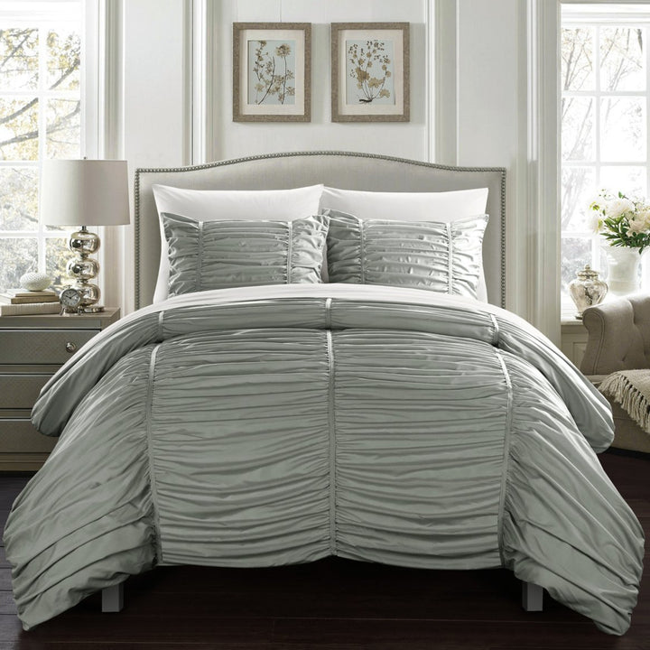 Kleia 7 or 5 Piece Comforter Set Contemporary Striped Ruched Ruffled Design Bed in a Bag Image 1