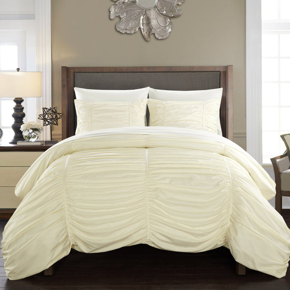 Kleia 7 or 5 Piece Comforter Set Contemporary Striped Ruched Ruffled Design Bed in a Bag Image 2