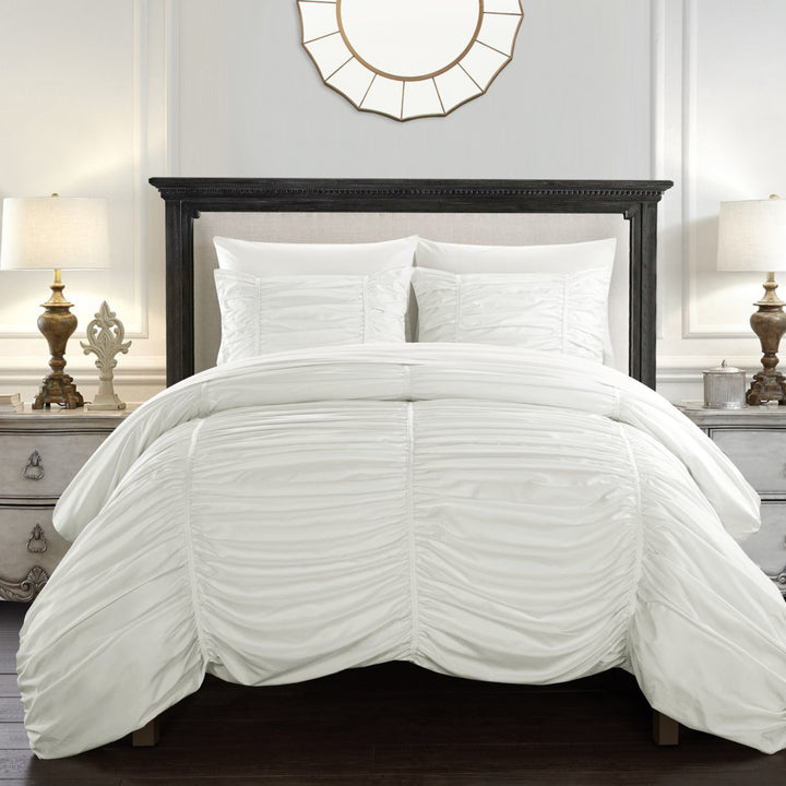 Kleia 7 or 5 Piece Comforter Set Contemporary Striped Ruched Ruffled Design Bed in a Bag Image 1