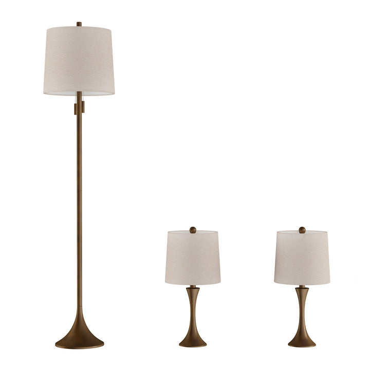 Mid-Century Modern Lamp Set of 3 Metal Floor Table Lamps with LED Bulbs Bronze Silver Image 1