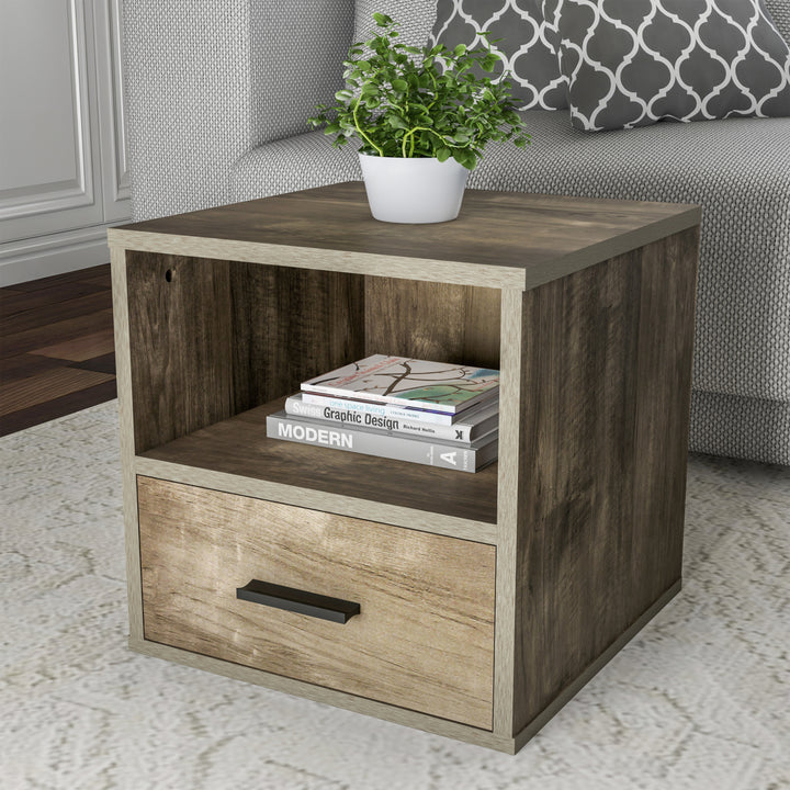 Modular Square Stackable End Table with Drawer Wooden Living Room Bedroom Tan Image 5