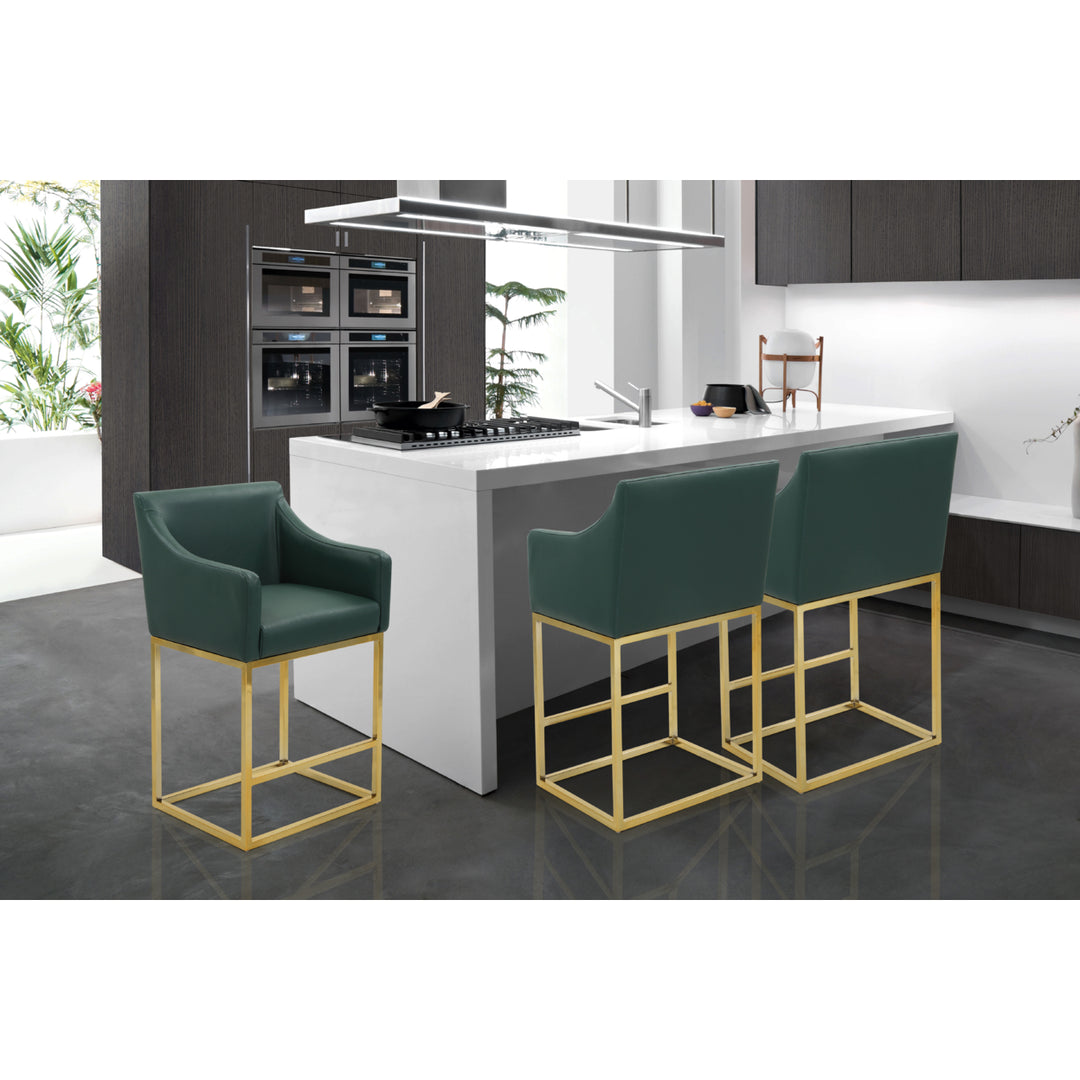 Etna Bar Stool or Counter Stool Chair PU Leather Upholstered Slope Arm Design Architectural Goldtone Solid Metal Base Image 8