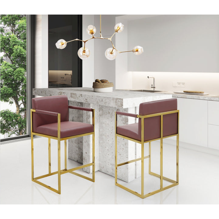 Gertrude Bar Stool or Counter Stool Chair PU Leather Upholstered Square Arm Design Architectural Goldtone Solid Metal Image 1